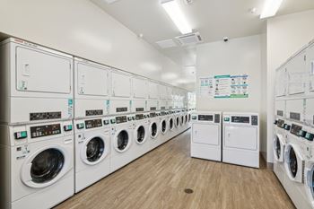 a washer and dryer room with a row of washing machines